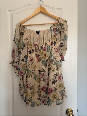 torrid Cream Floral Off-Shoulder Blouse with Teal Pink Yellow Accents